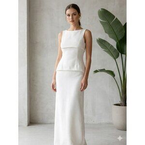 Sally LaPointe White Textured Silk Gown Peplum Modern Bridal Wedding Evening 6
